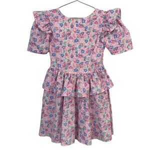 Vintage 80s/90s Floral Party Dress Girls L Pink Ruffle Easter Wedding Girly EUC
